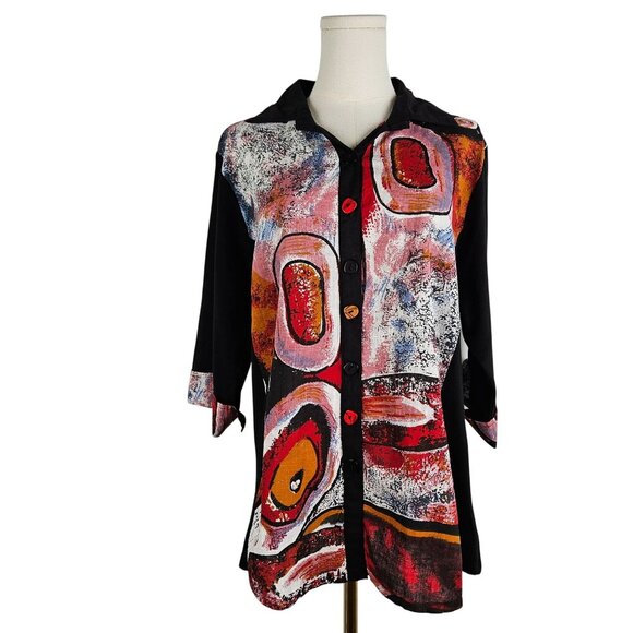 Parsley & Sage Button-Up Shirt Tunic Large Artsy Abstract Print Black Boho - Picture 1 of 9